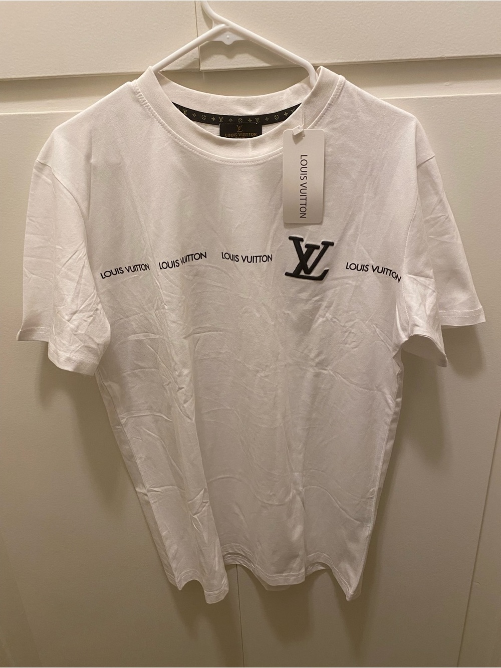 Louis Vuitton White Crewneck T-Shirt with Black LV Monogram